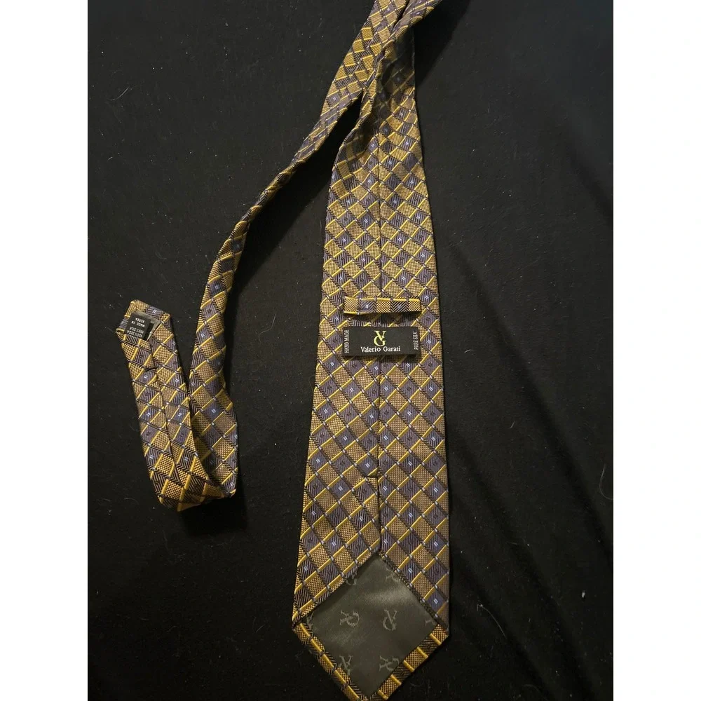 Valerio Garati Mens Silk Tie Gold Navy Blue Geometric‎ Check Hand Made Necktie
